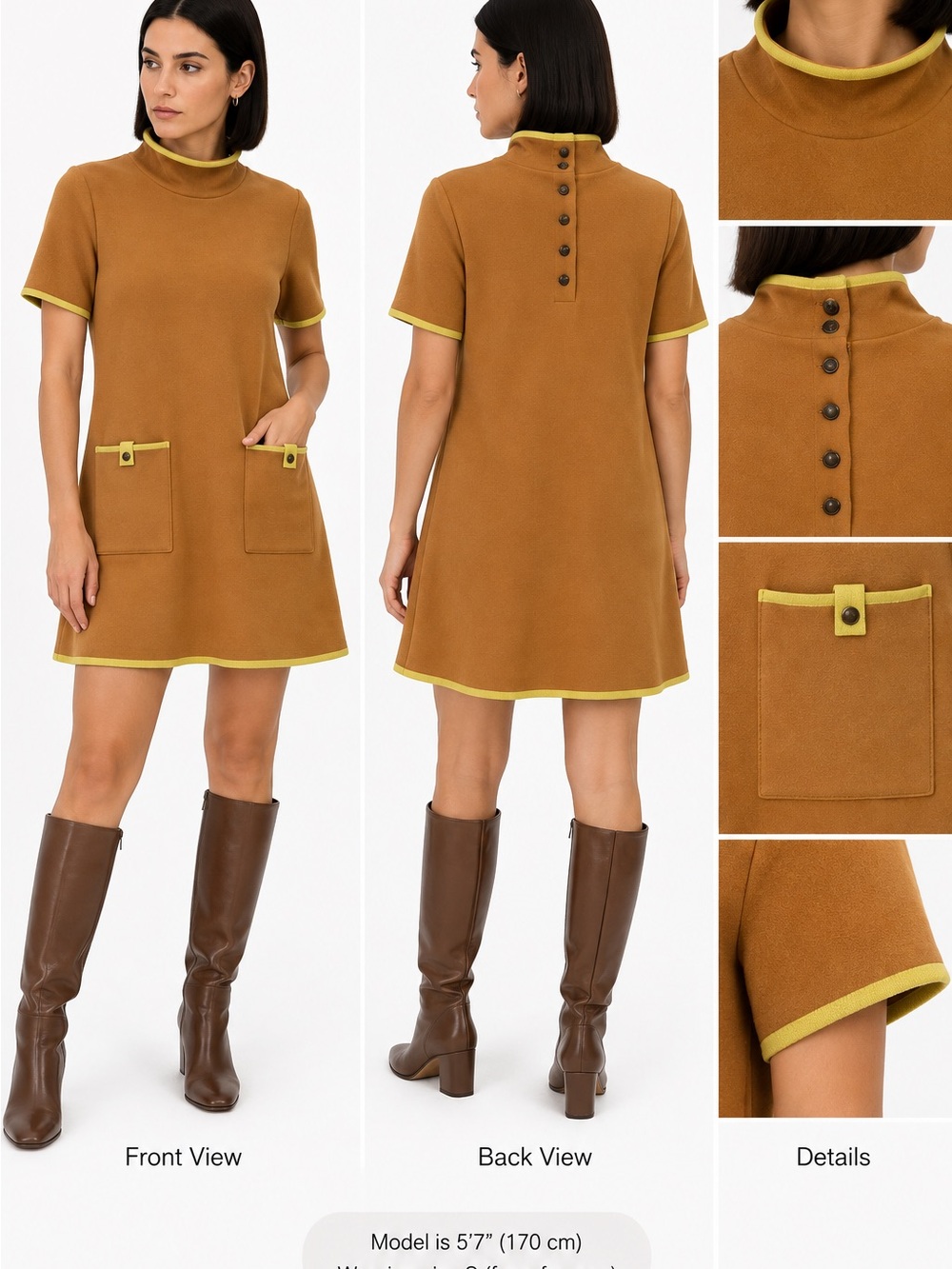Maeve Antropologie Mustard Camel A-Line Dress Chartreuse Trim Pockets Retro Mod
